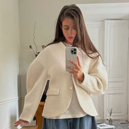 Damen Boucle-Jacke Überschnittene Schultern Knopfverschluss
