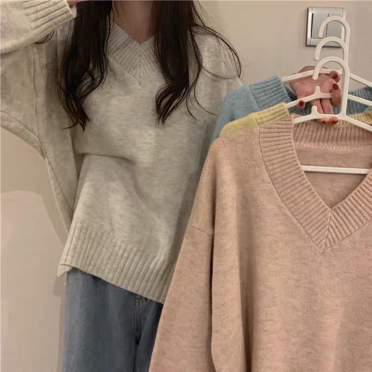 Damen Pullover Weich Wolle V-Ausschnitt Beige Eveloria