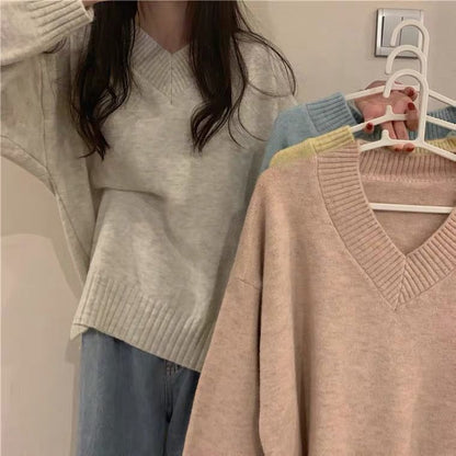 Damen Pullover Weich Wolle V-Ausschnitt Beige Eveloria