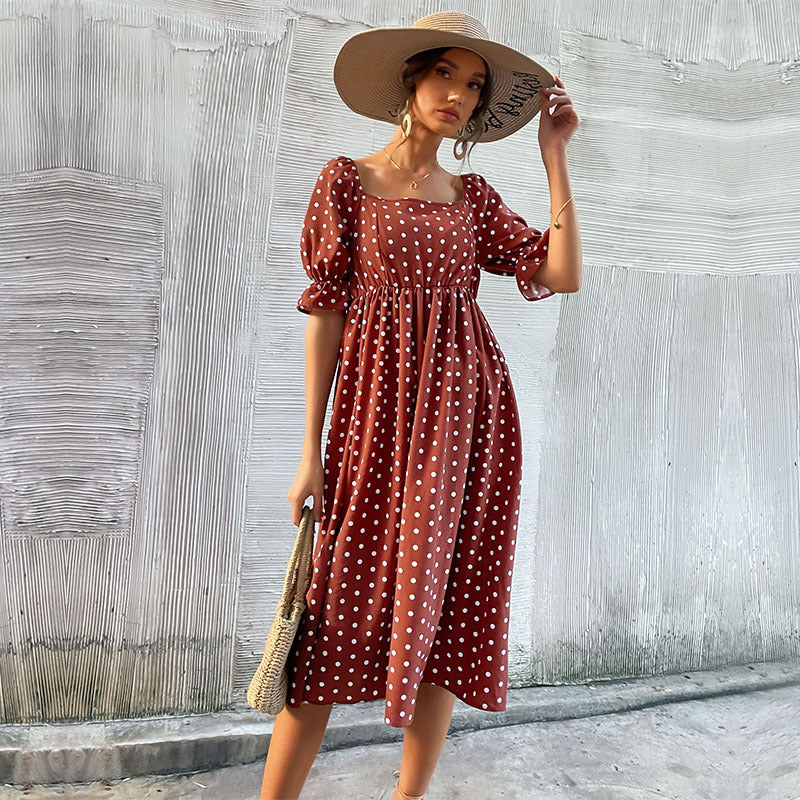 Damen Midi-Kleid Voluminöse Puffärmel Karomuster Eveloria