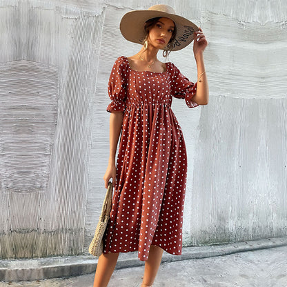 Damen Midi-Kleid Voluminöse Puffärmel Karomuster Eveloria