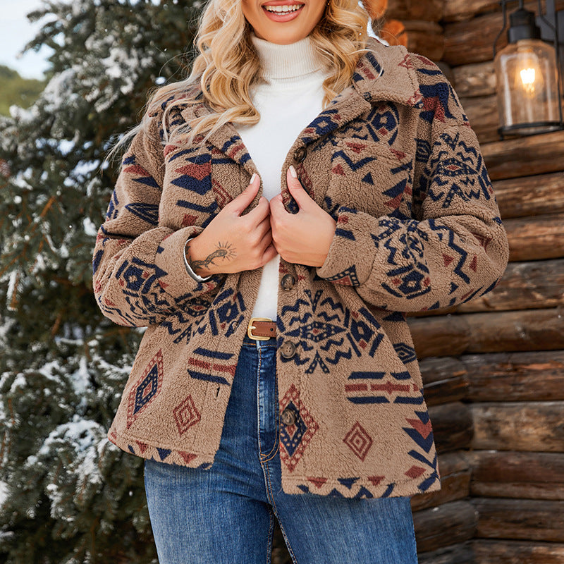 Damen Oversized Teddyjacke Reverskragen Geometrisches Muster - Eveloria
