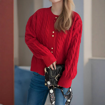 Damen Grobstrickjacke Kabelmuster Dekorative Knöpfe