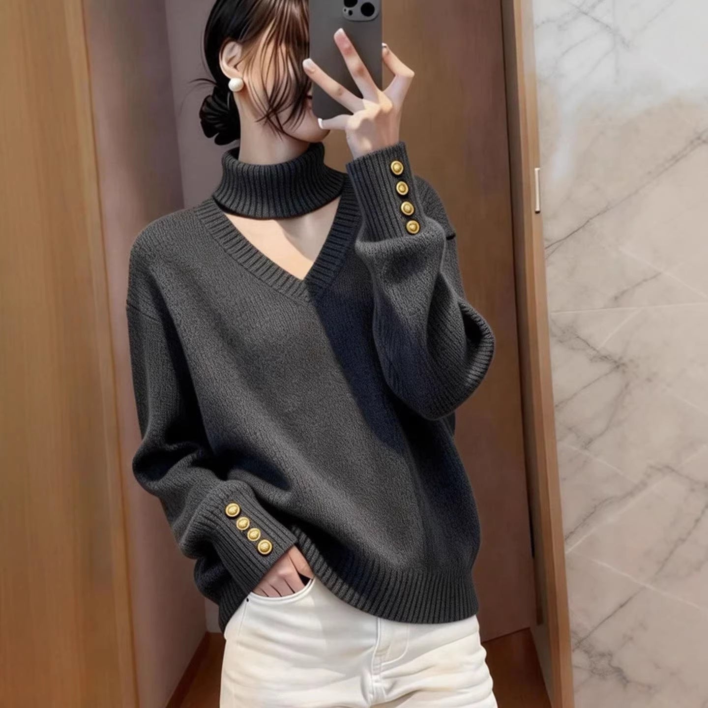 Damen Strickpullover Rollkragen Knöpfe Eveloria - Eveloria