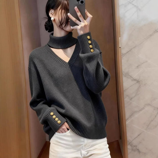 Damen Strickpullover Rollkragen Knöpfe Eveloria - Eveloria