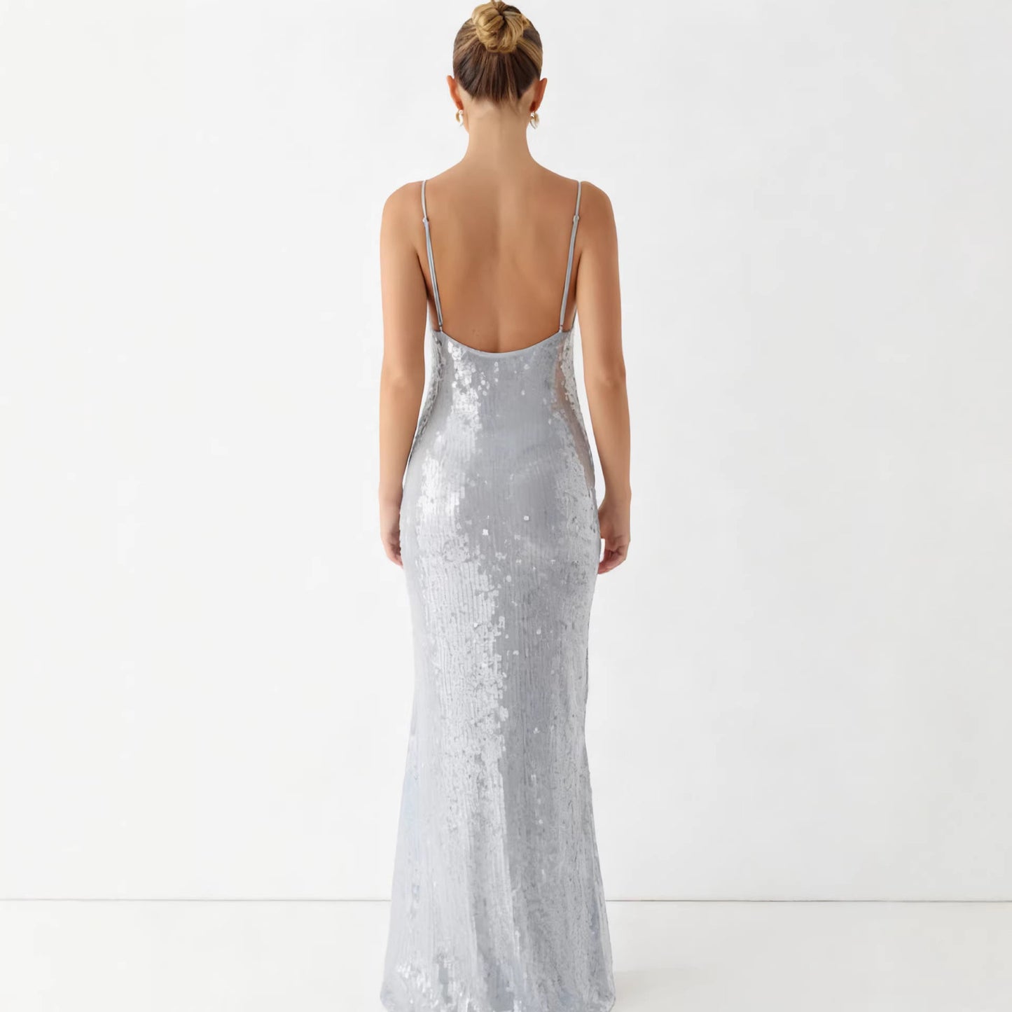Damen Maxikleid Pailletten schmal Schnitt Spaghettiträger