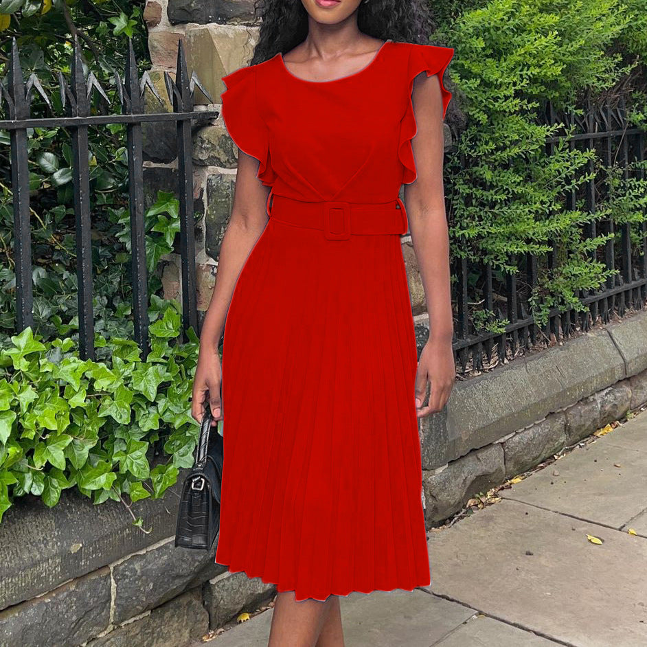 Damen Plissee-Kleid mit Faltenrock und Gürtel Eveloria