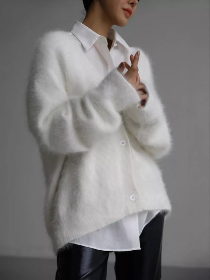 Damen Cardigan Mohair-Mix Knopfverschluss Beige