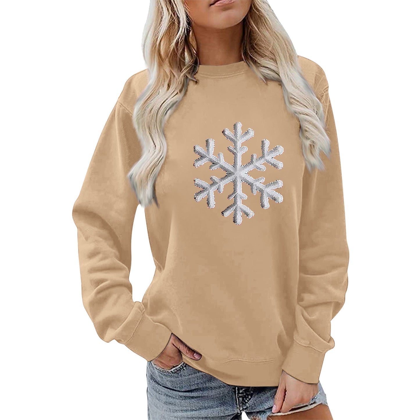 Damen Sweatshirt Schneeflockenmotiv Lässig Grau Eveloria