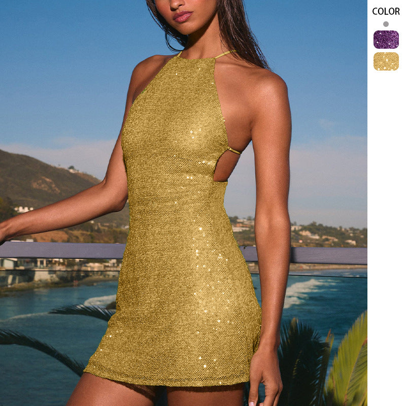 Damen Minikleid Glitzernd Hals hoch Off-Shoulder - Eveloria