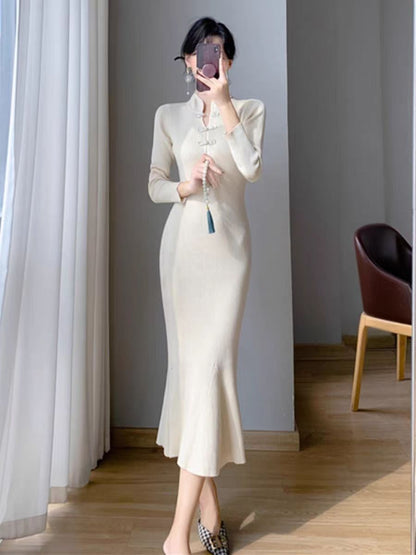 Damen Strickkleid Langärmlig mit Knopfleiste Eveloria