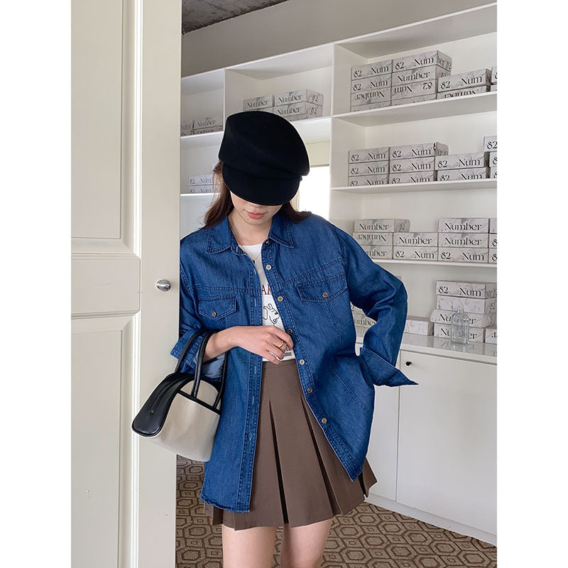 Damen Denim-Hemdjacke Lässig Aufgesetzte Taschen Blau Eveloria