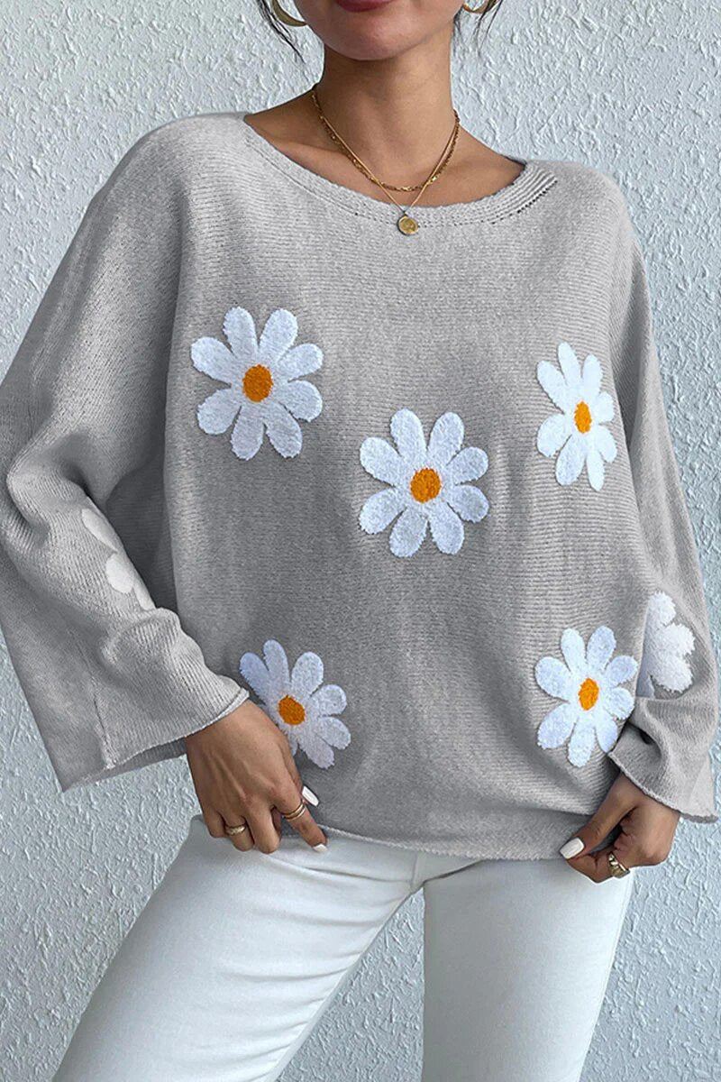 Damen Strickpullover Blumendesign Weit