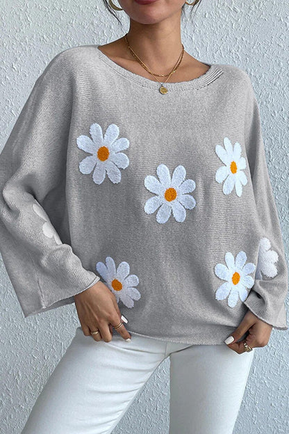 Damen Strickpullover Blumendesign Weit