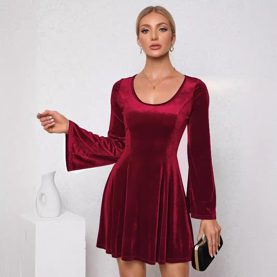Damen Minikleid Samt Weite Ärmel Rundhalsausschnitt Eveloria