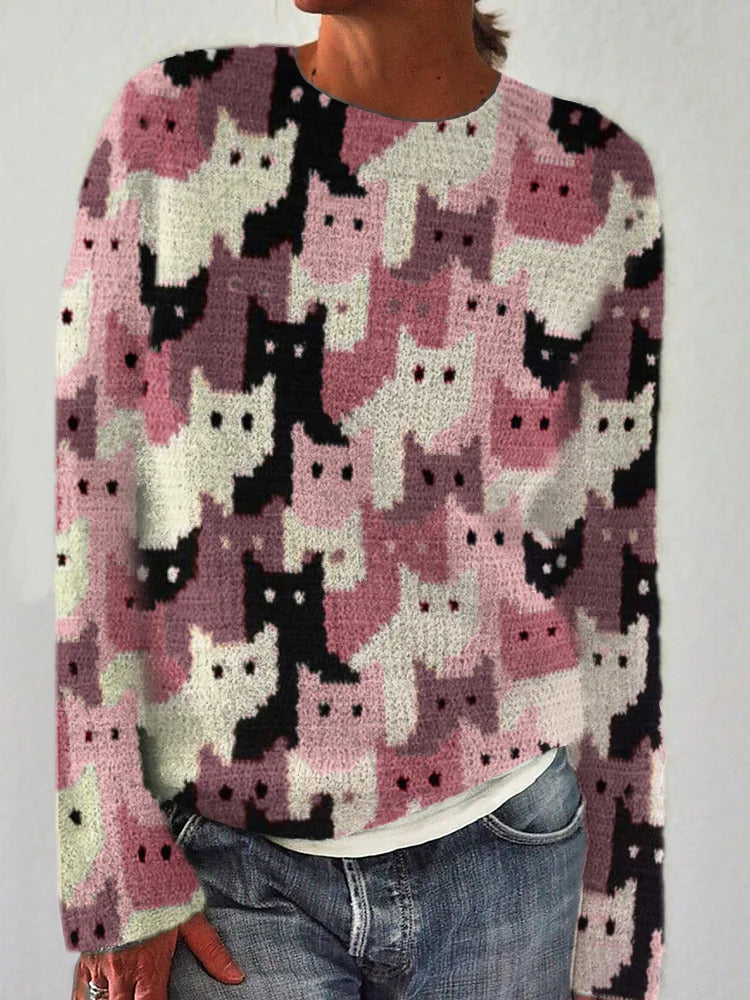 Damen Strickpullover Katzenmuster Eveloria