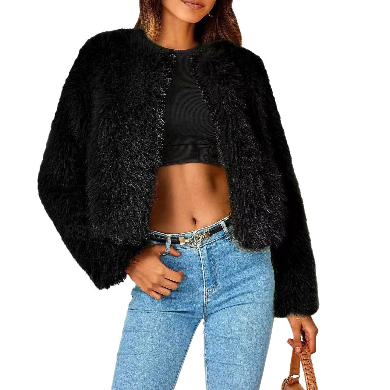 Damen Fleecejacke mit Fell-Design und Volumenärmeln