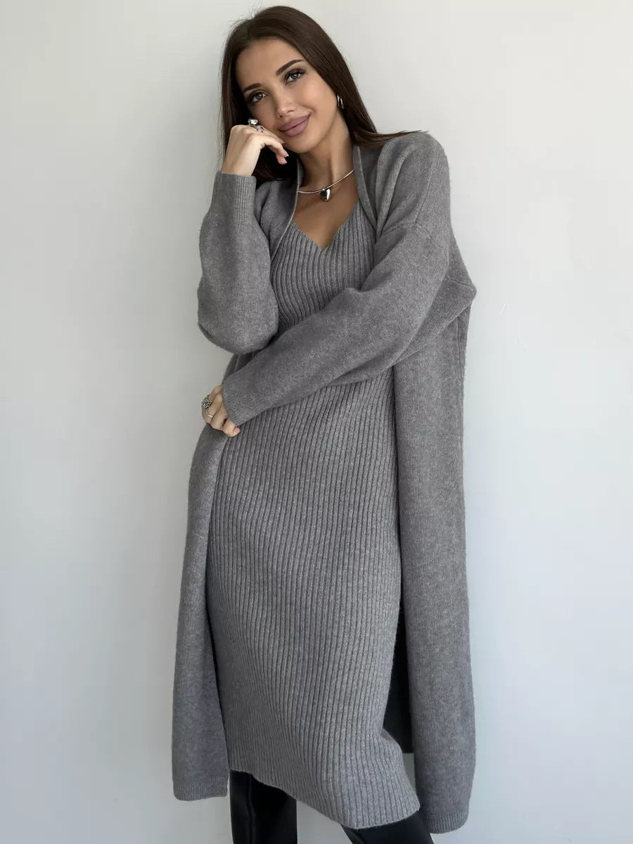 Damen Strickkleid V-Ausschnitt Länges Schnitt