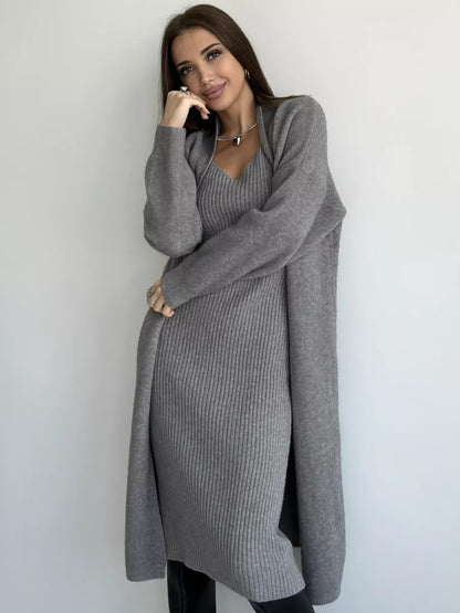 Damen Strickkleid V-Ausschnitt Länges Schnitt