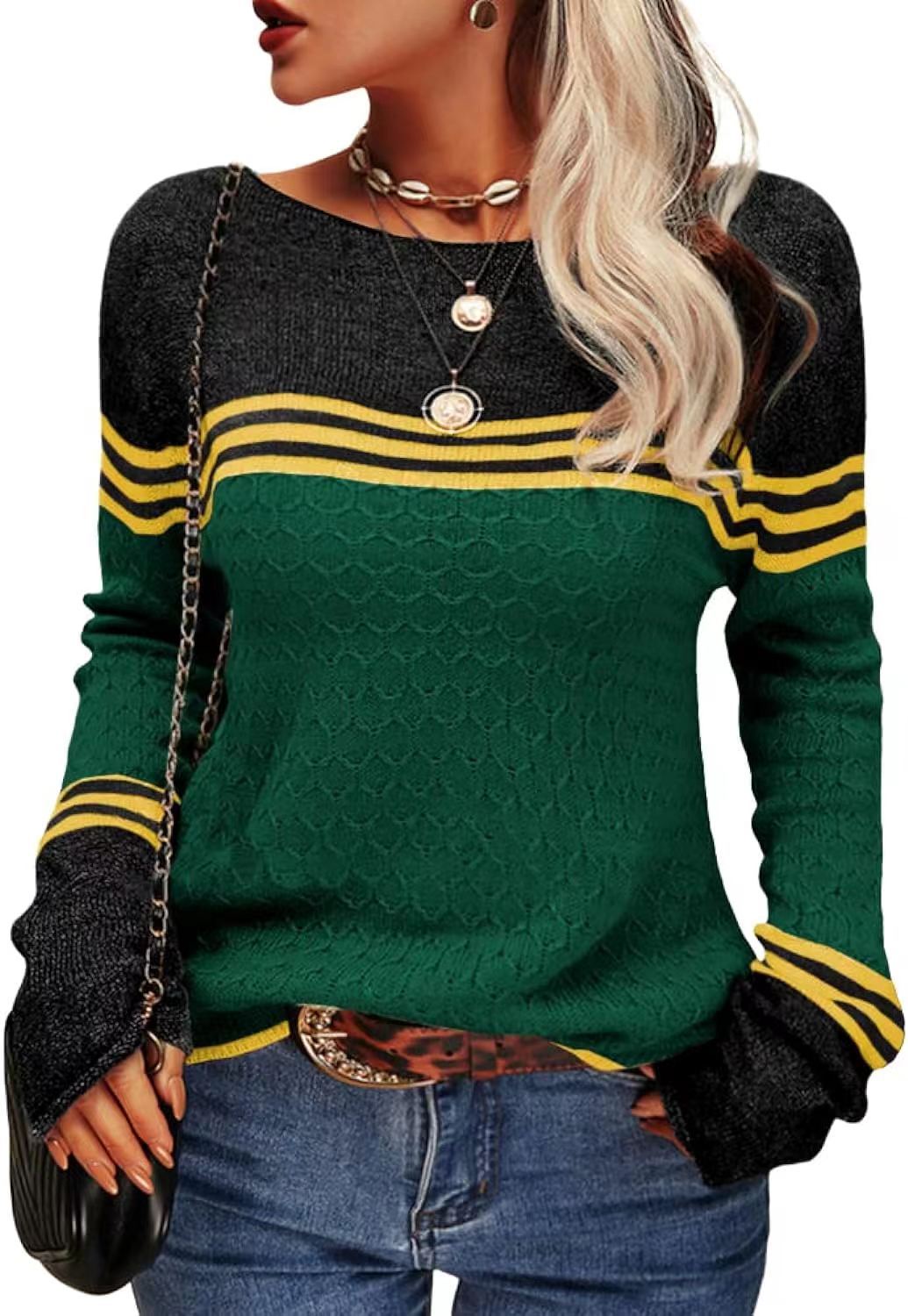 Damen Strickpullover Kontrastfarben Einzigartige Textur Grau