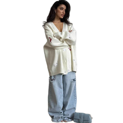 Damen Strickcardigan Groß Tierapplikationen Eveloria