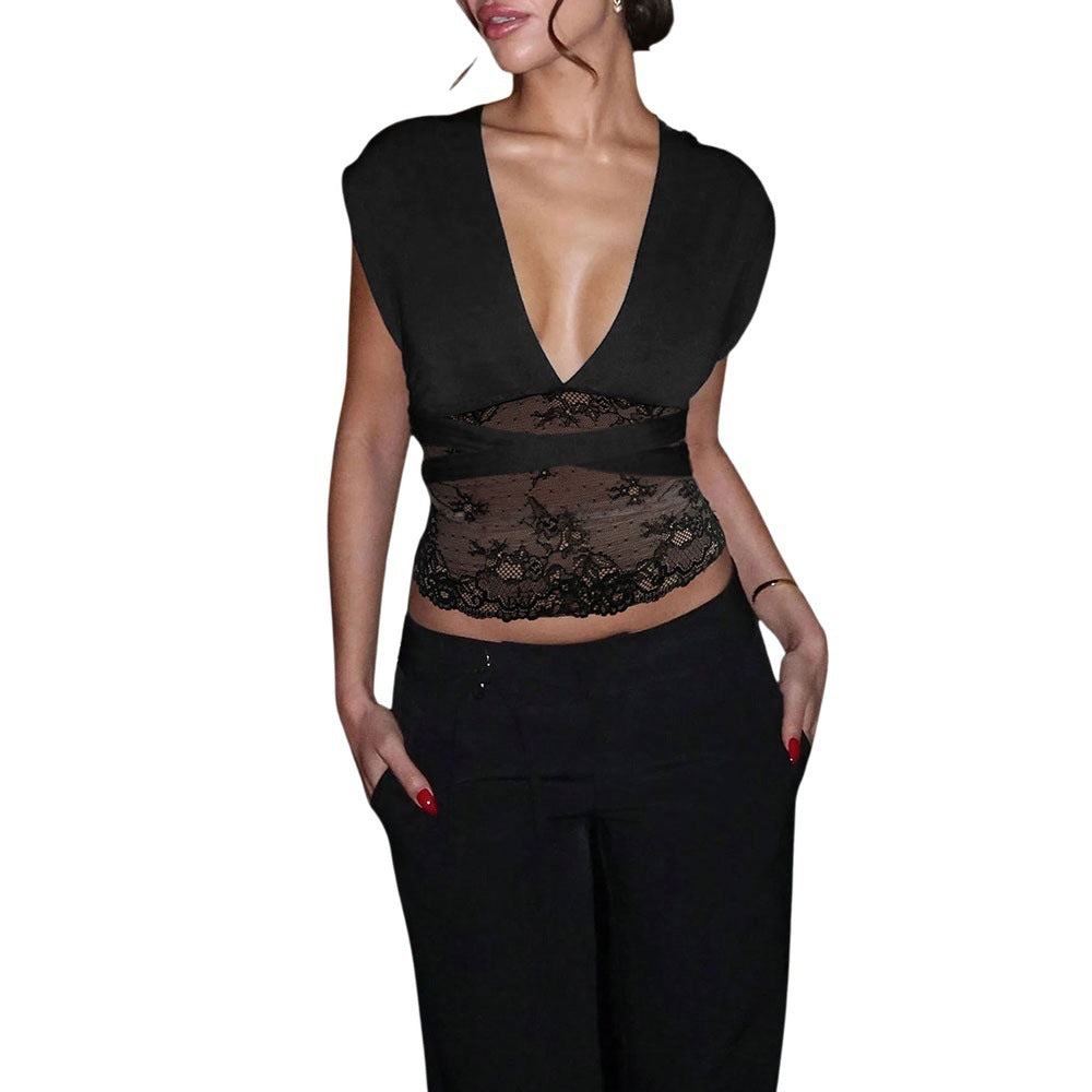 Damen Oberteil V-Ausschnitt Spitze Elegant