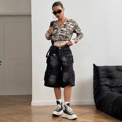 Damen Kapuzenjacke Kurz Camouflage Stil Eveloria