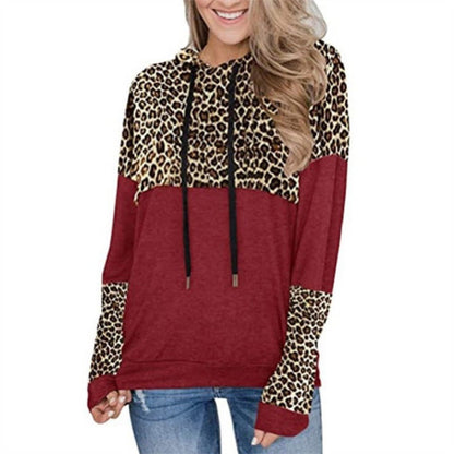 Damen Pullover Leopardenmuster Kapuze Lässig