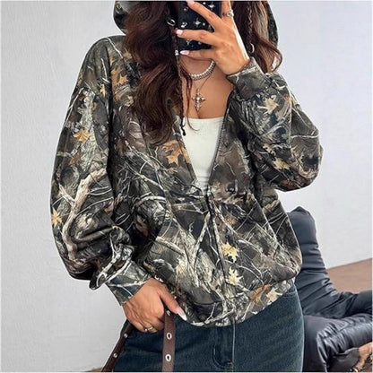 Damen Kapuzenjacke Camouflage Muster Locker Passform - Eveloria