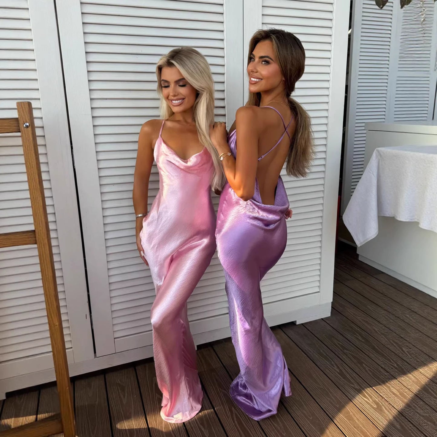 Damen Abendkleid Satin Spaghettiträger Schimmer Eveloria