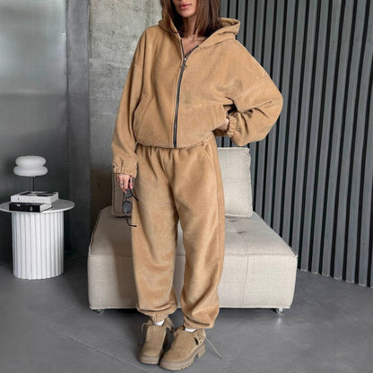 Damen Velours Jogginganzug mit Kapuze und Reißverschluss Bequem