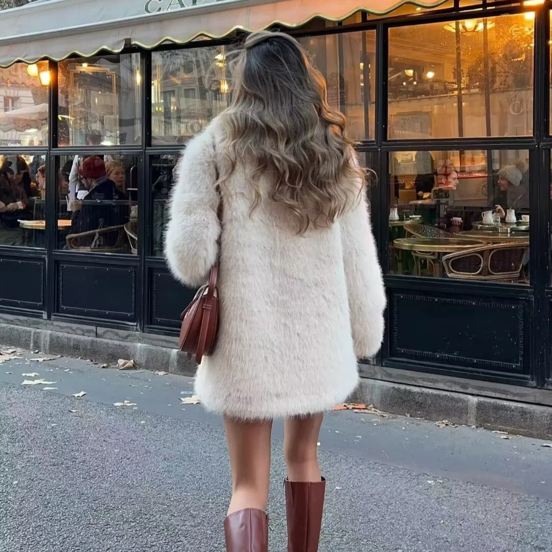 Damen Plüschjacke Elegant Revers Taschen Eveloria