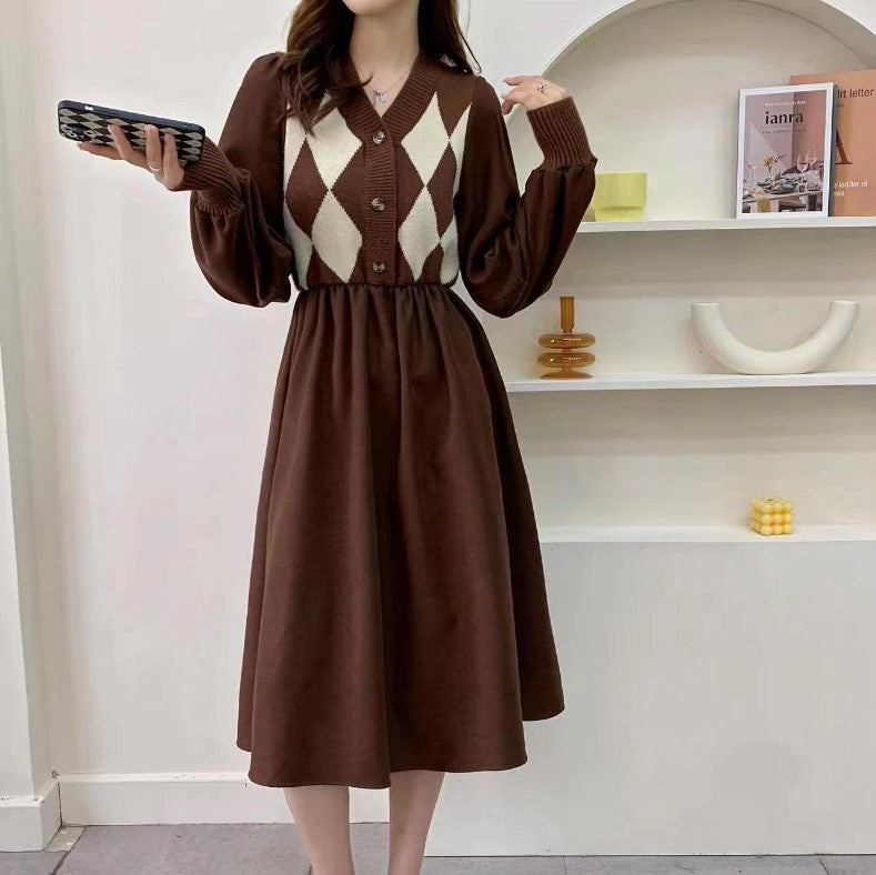 Damen Strickkleid Rautenmuster Puffärmel Eveloria