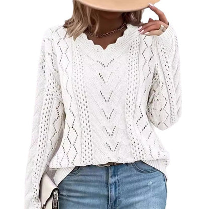 Damen Strickpullover V-Ausschnitt Raffinierte Netzstruktur