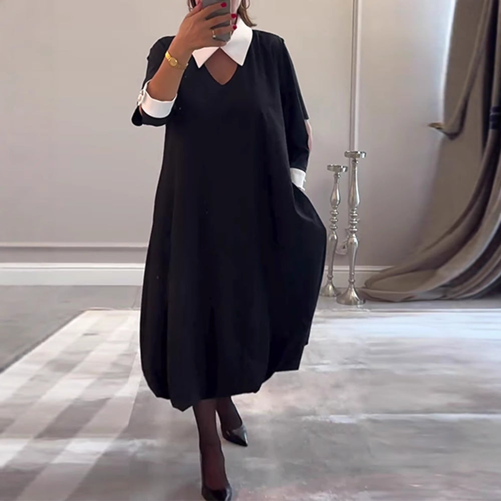 Damen Oversized Hemdkleid V-Ausschnitt Eleganter Kragen Weiss - Eveloria