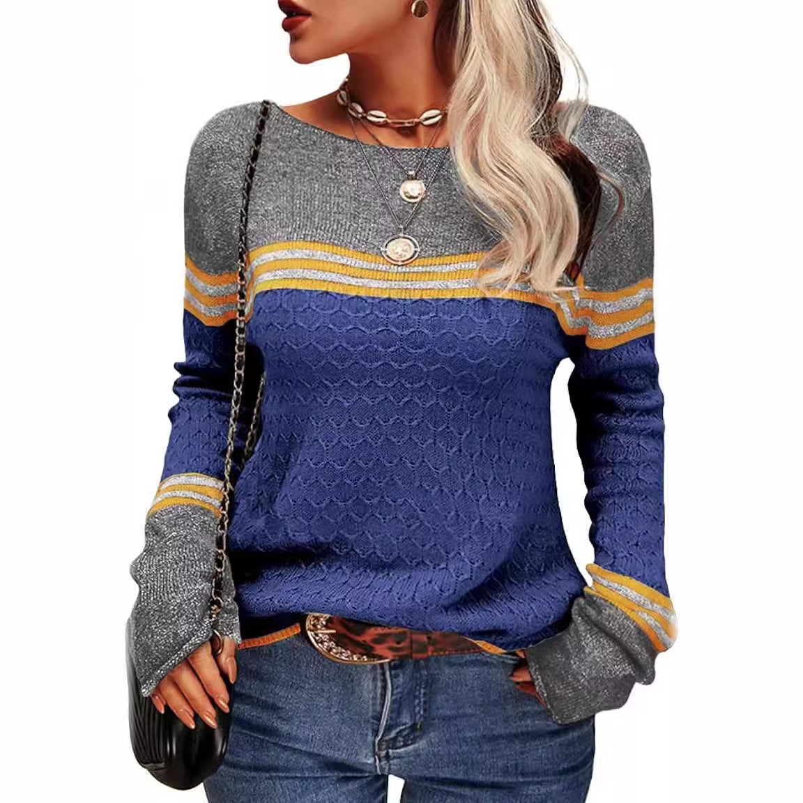 Damen Strickpullover Kontrastfarben Einzigartige Textur Grau
