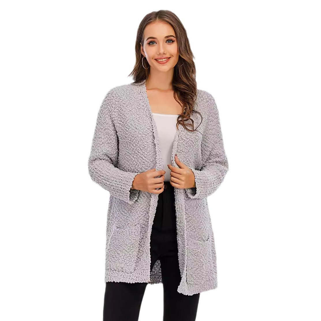 Damen Strickjacke Offener Schnitt Große Taschen Kuschelig Beige
