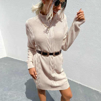 Damen Strickkleid Waffelstruktur Hochkragen Eveloria