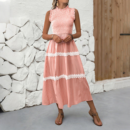 Damen Maxikleid Gestreift Voluminöse Rüschen Weiss