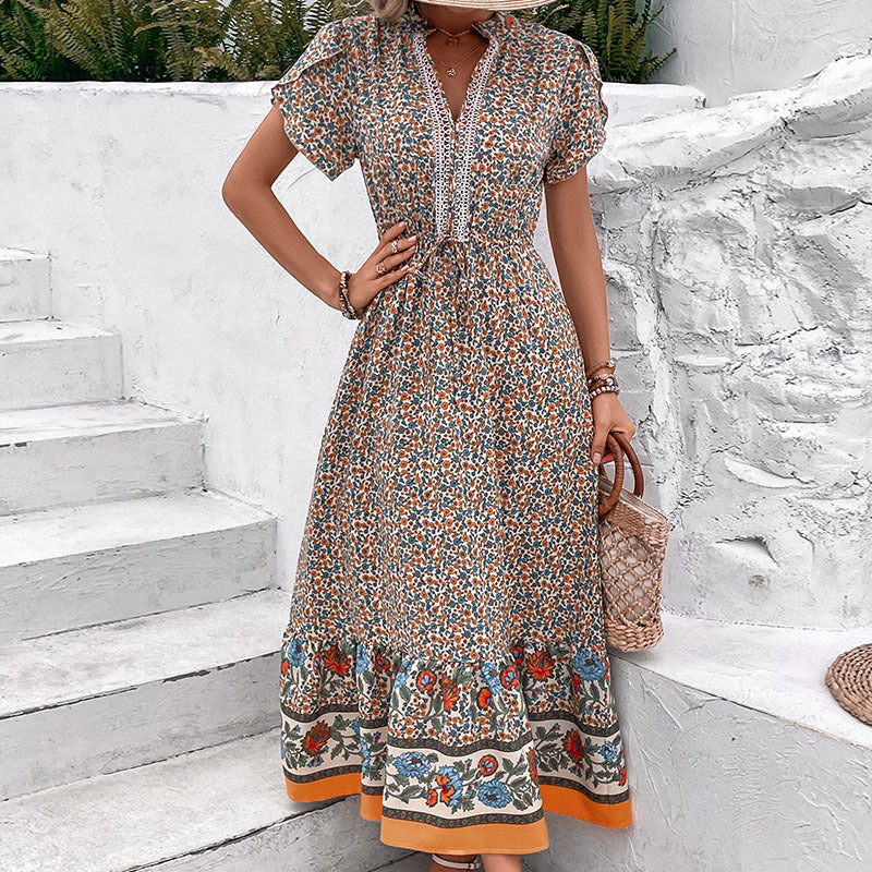 Damen Maxikleid Florale Einsätze Rüschen Elegant