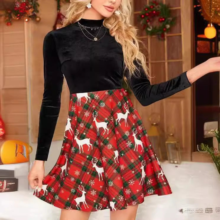 Damen Kleid Karomuster Hochgeschlossen Fließender Rock Eveloria