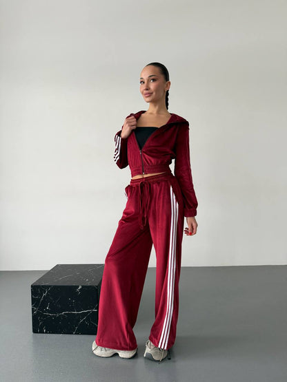 Damen Fleece Sportanzug Cropped Jacke Weite Hose