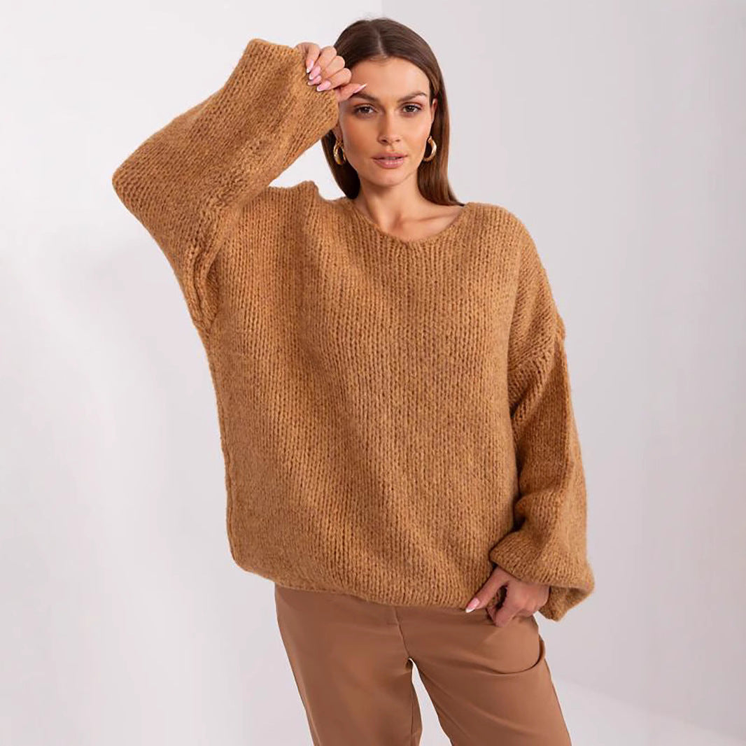 Damen Oversized Pullover Grobstrick Weite Ärmel Beige - Eveloria