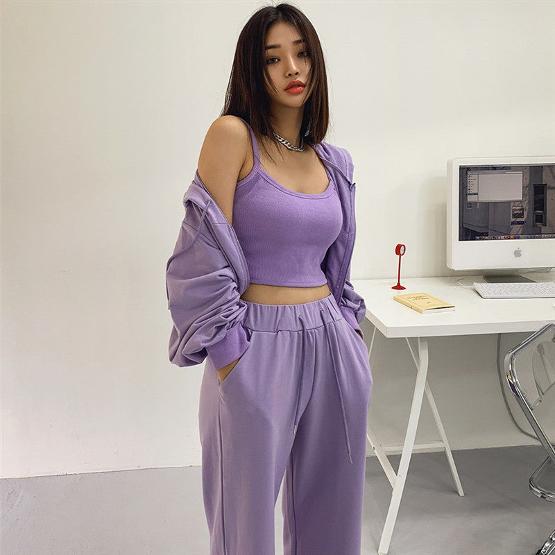 Damen Drei-Teiliges Set Cropped Hoodie Tanktop Weite Hose