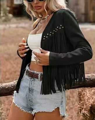 Damen Fransenjacke Nieten Leder Eveloria