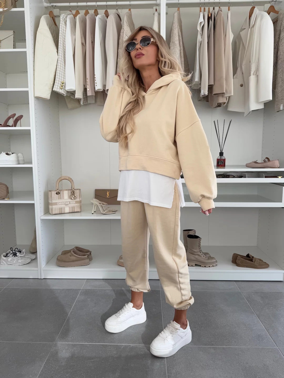 Damen Hoodie-Set Cropped Schnitt Bequeme Hosen Sportlich