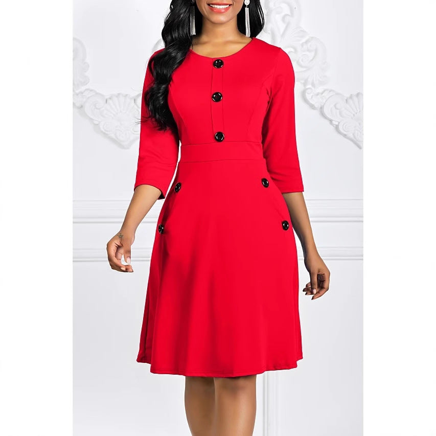 Eveloria Damen Kleid Knieumspielend 3/4-Ärmel Schmuckknöpfe