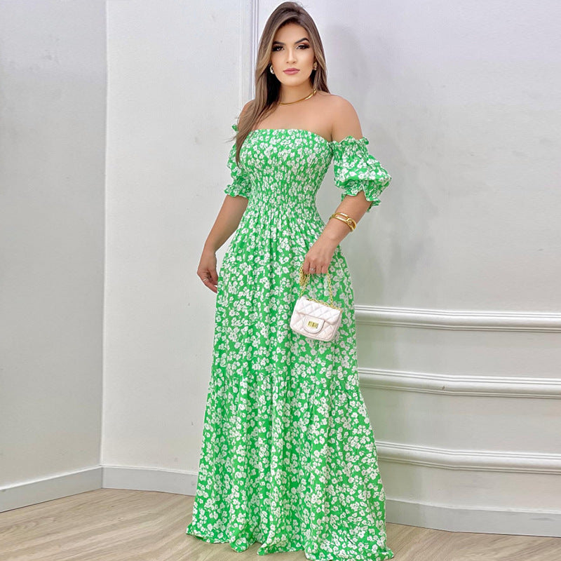 Damen Maxikleid Schulterfrei Rüschen Details Luftig Eveloria