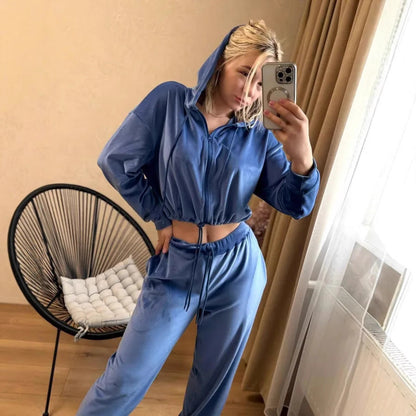 Damen Veloursanzug Mit Kapuze Cropped Freizeitanzug