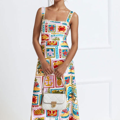 Damen Maxikleid mit buntem Print und schmalen Trägern Eveloria